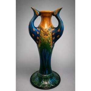 Chinese Art Pottery Vase Triple Bird Handles Majolica Style Peacock Large
